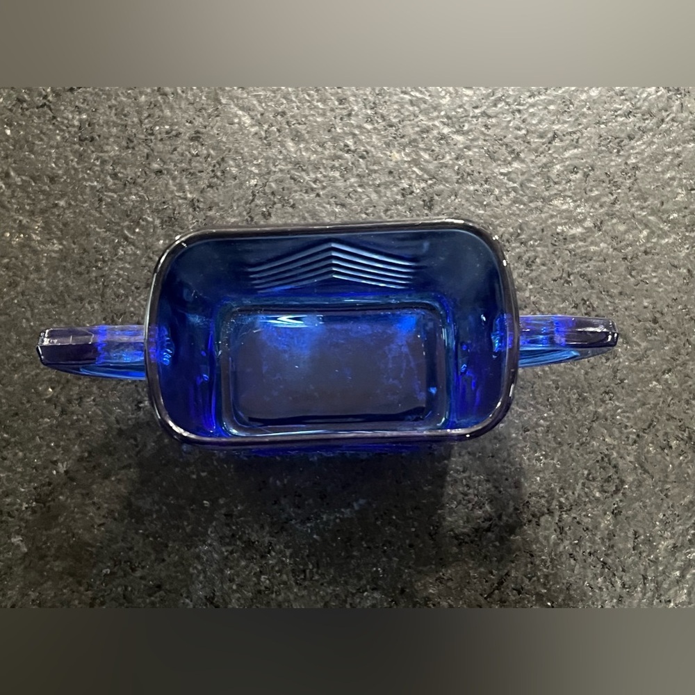 Hazel Atlas double handled cobalt blue sugar bowl Chevron design vintage - Picture 2 of 4
